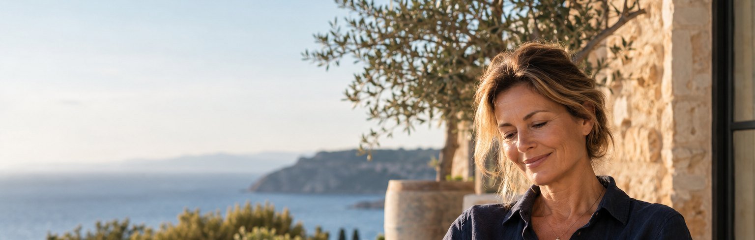 Eine Frau sitzt lächelnd auf einer Terrasse am Meer