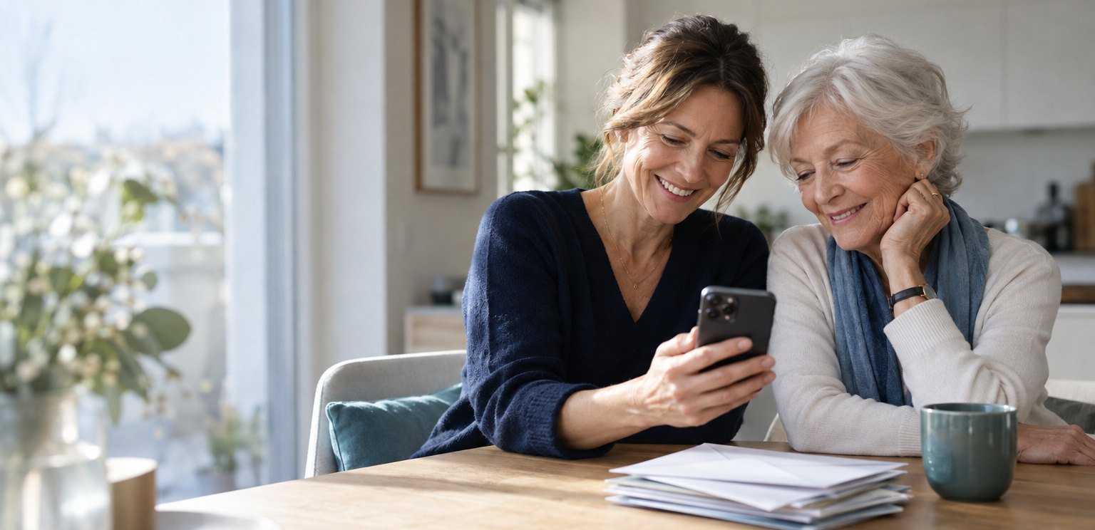 Tochter und Mutter schauen gemeinsam lächelnd auf ein Handy, daneben ein Stapel Briefe