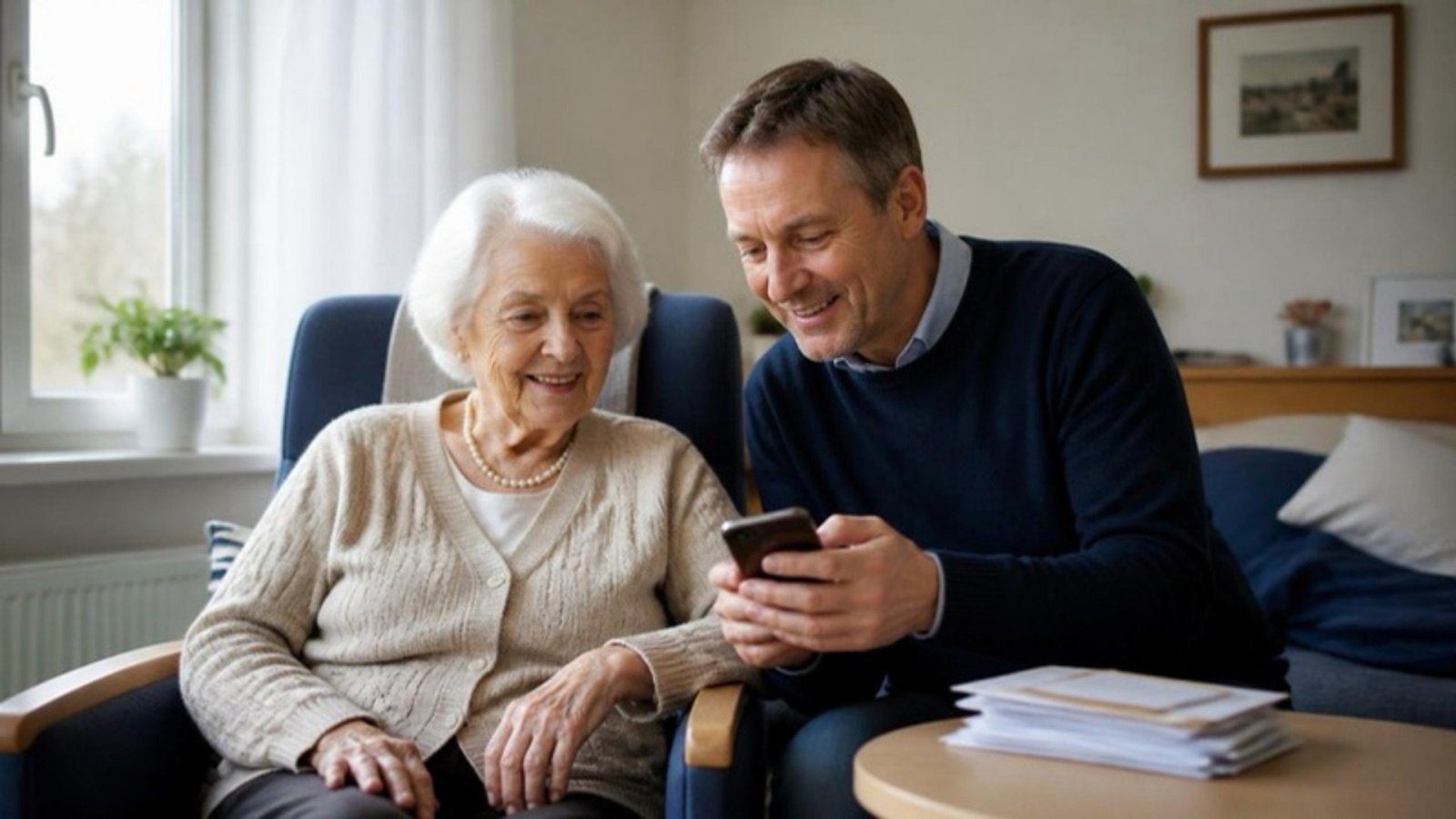 Ein Sohn zeigt seiner Mutter im Pflegeheim etwas auf dem Handy, daneben liegen Briefe